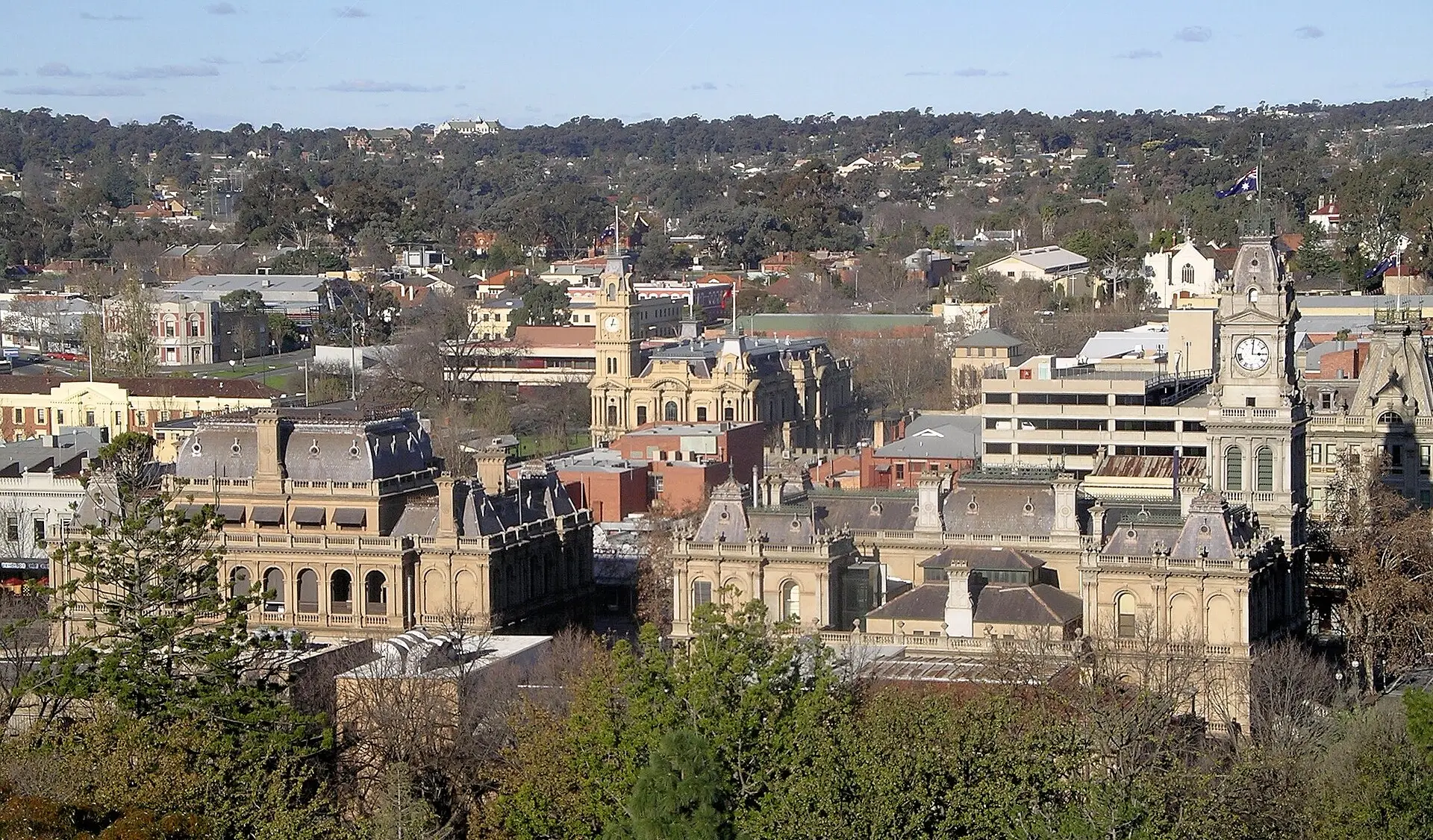 Bendigo city centre heritage buildings and the post office clock tower from above