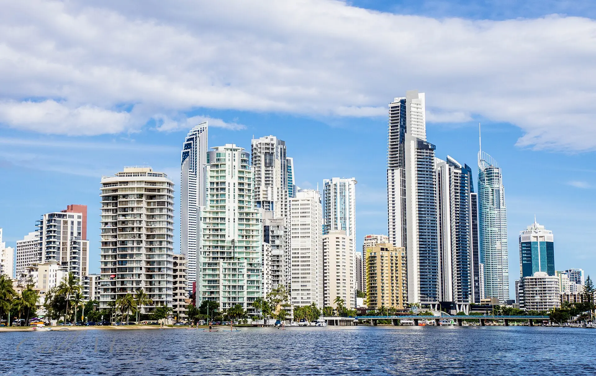 Surfers Paradise high-rise apartment towers on the Gold Coast seen across the Nerang River