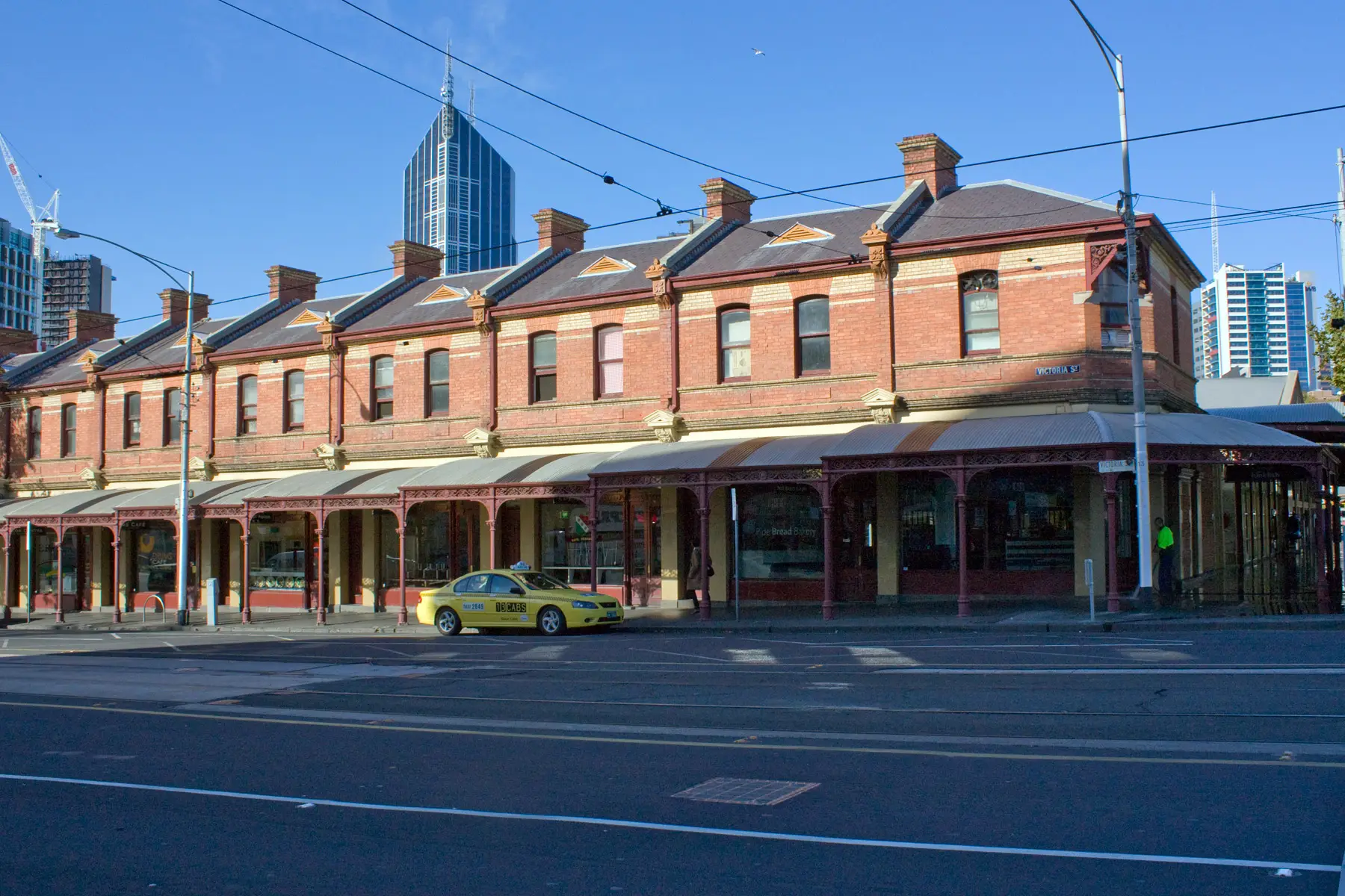 Heritage shopfronts along Victoria Street at the Queen Victoria Market in Melbourne
