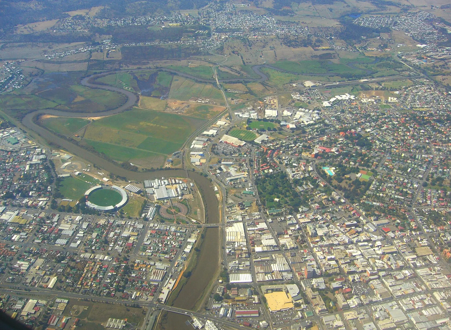 Aerial view of Launceston and the Tamar River in northern Tasmania