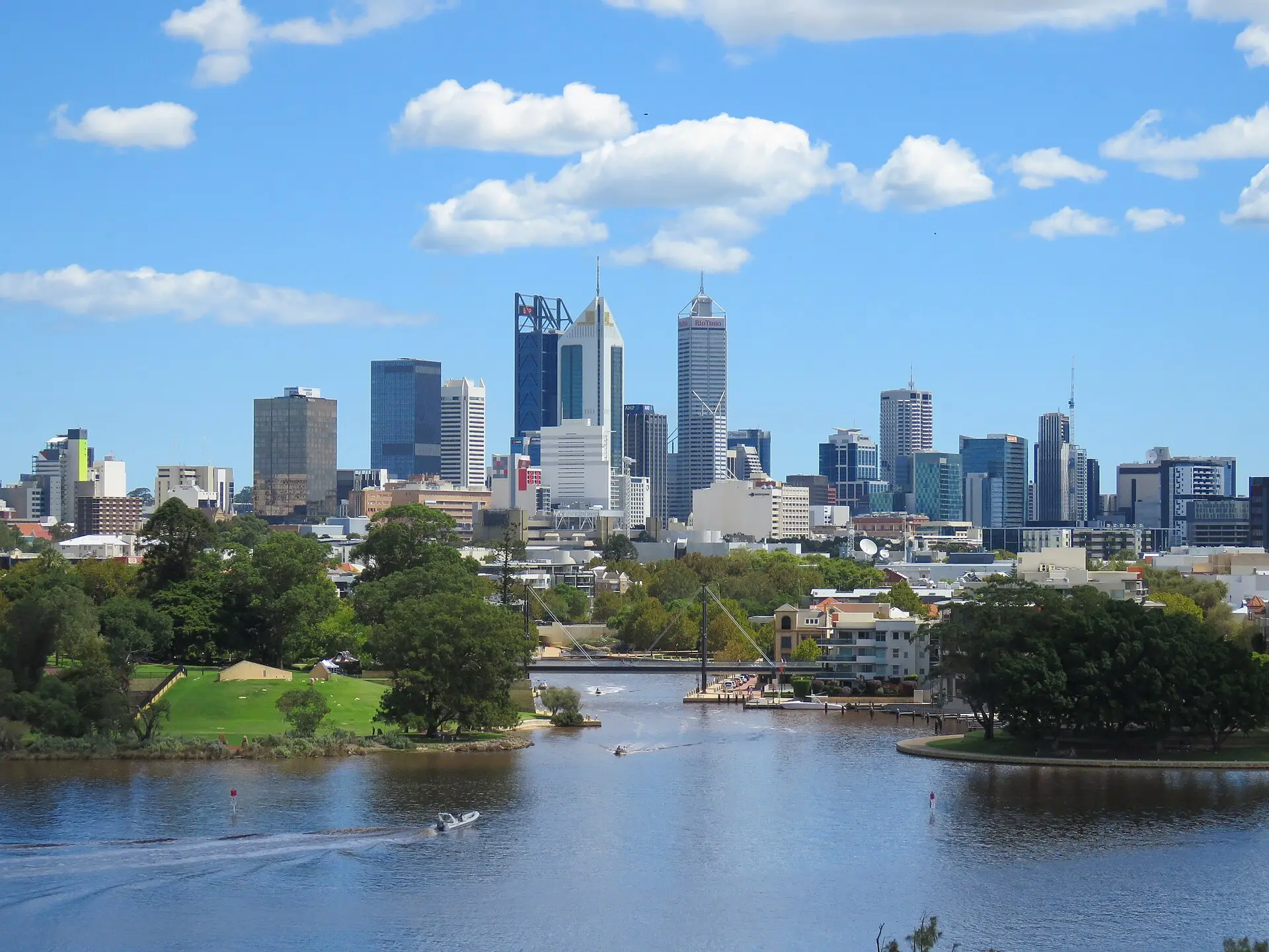 Perth city skyline from Kings Park above the Swan River foreshore