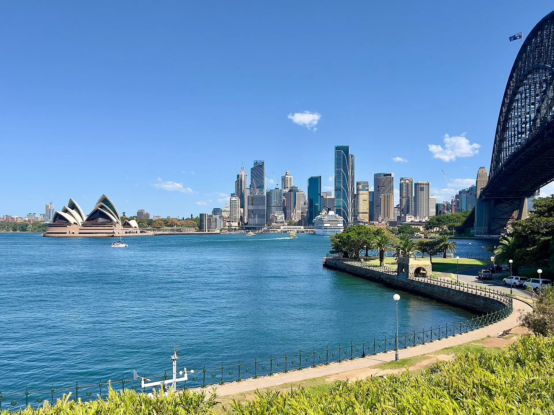 Sydney CBD skyline across the harbour from Kirribilli with the Opera House and Harbour Bridge
