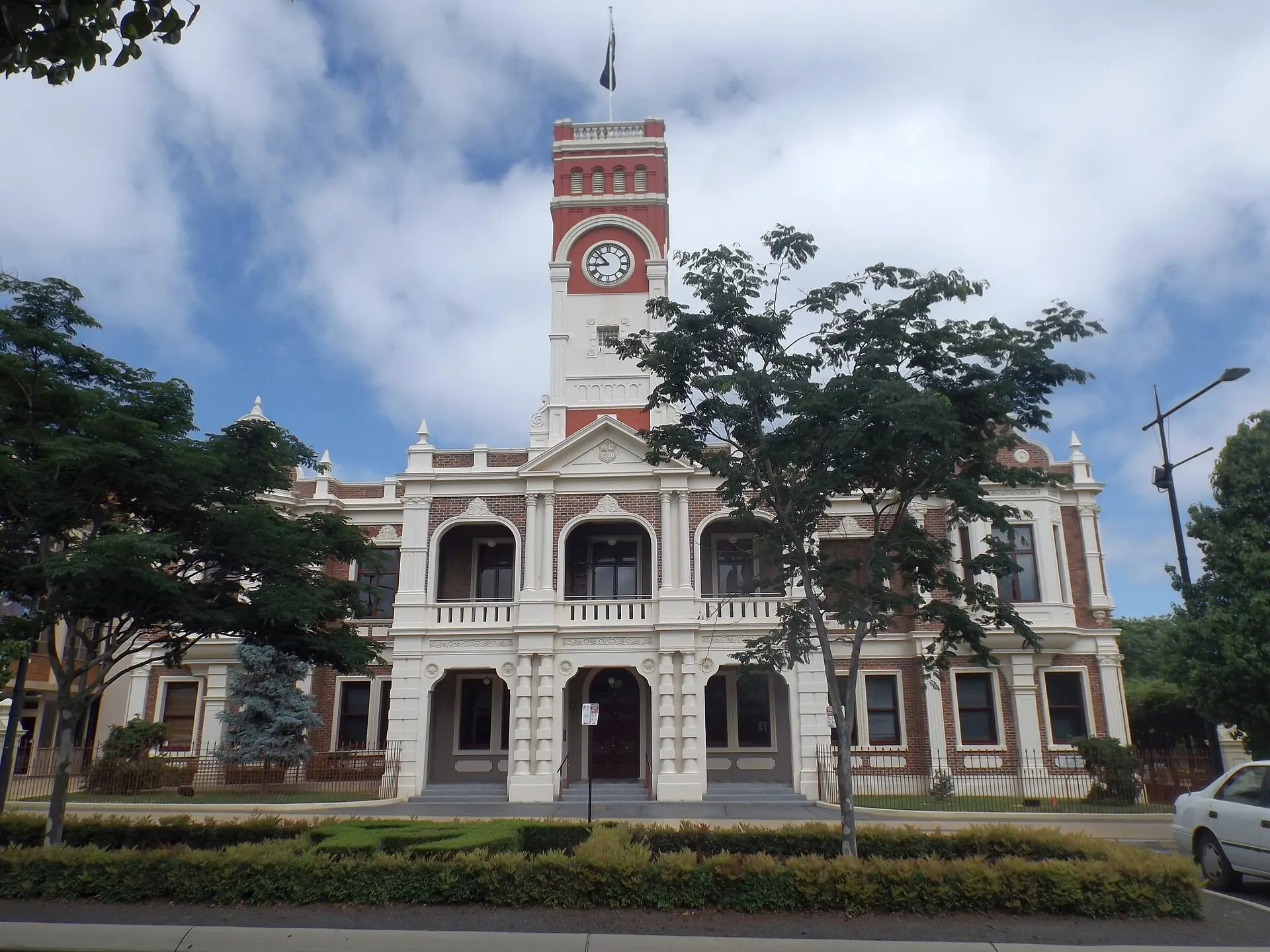 Toowoomba City Hall clock tower and gardens on Ruthven Street